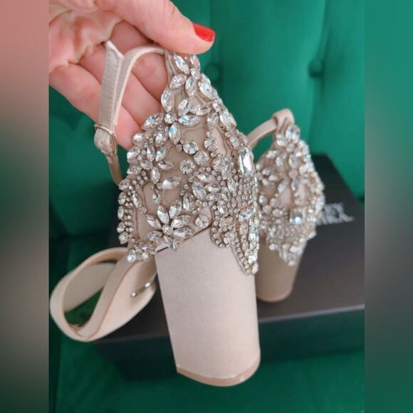 Badgley Mischka Ainsley Crystal Embellished Ankle Strap Sandal, Latte Satin, 9.5 - Picture 9 of 11